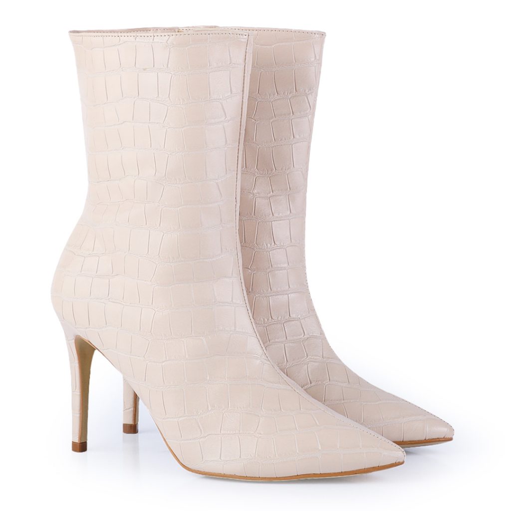 Bota Cano Curto Textura Nude Bico Fino Salto Fino New Elegance My Xxx